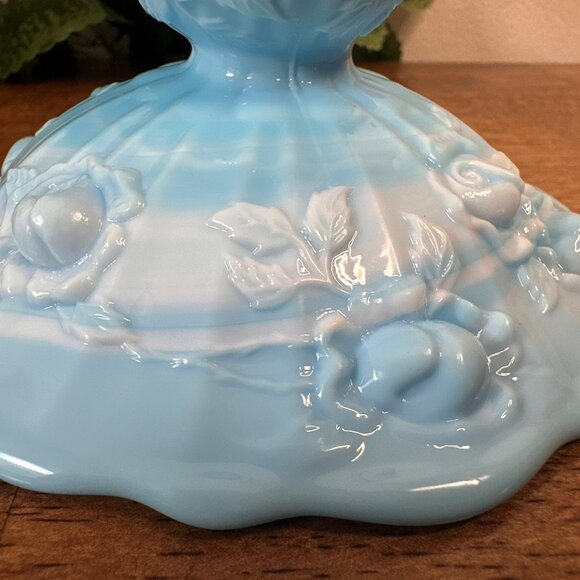 Fenton Blue Slag Glass Candle Holder Cabbage Rose Pattern Swirled Vintage - Picture 5 of 5
